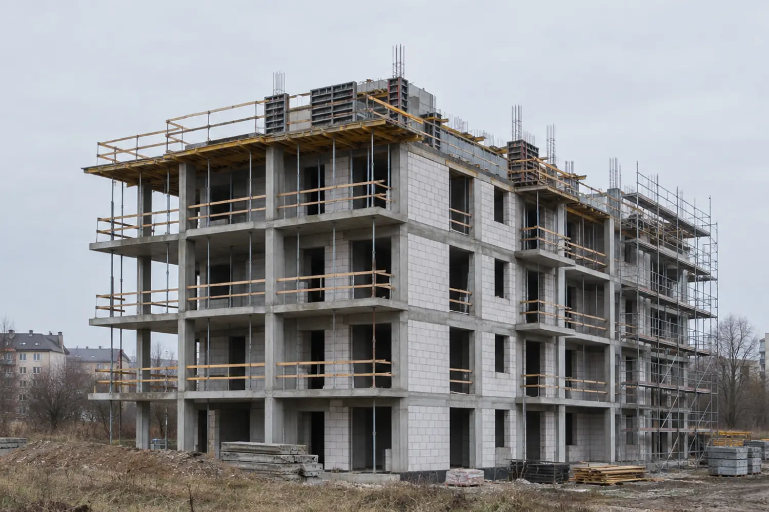 A residential block under construction: exposed concrete frame, blockwork infill, timber formwork and guard rails on every floor, under flat overcast light.