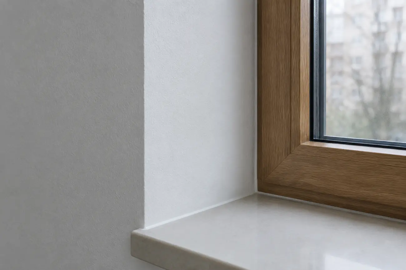 A finished window reveal: matte white plaster, a clean silicone joint, and an oak frame and sill.