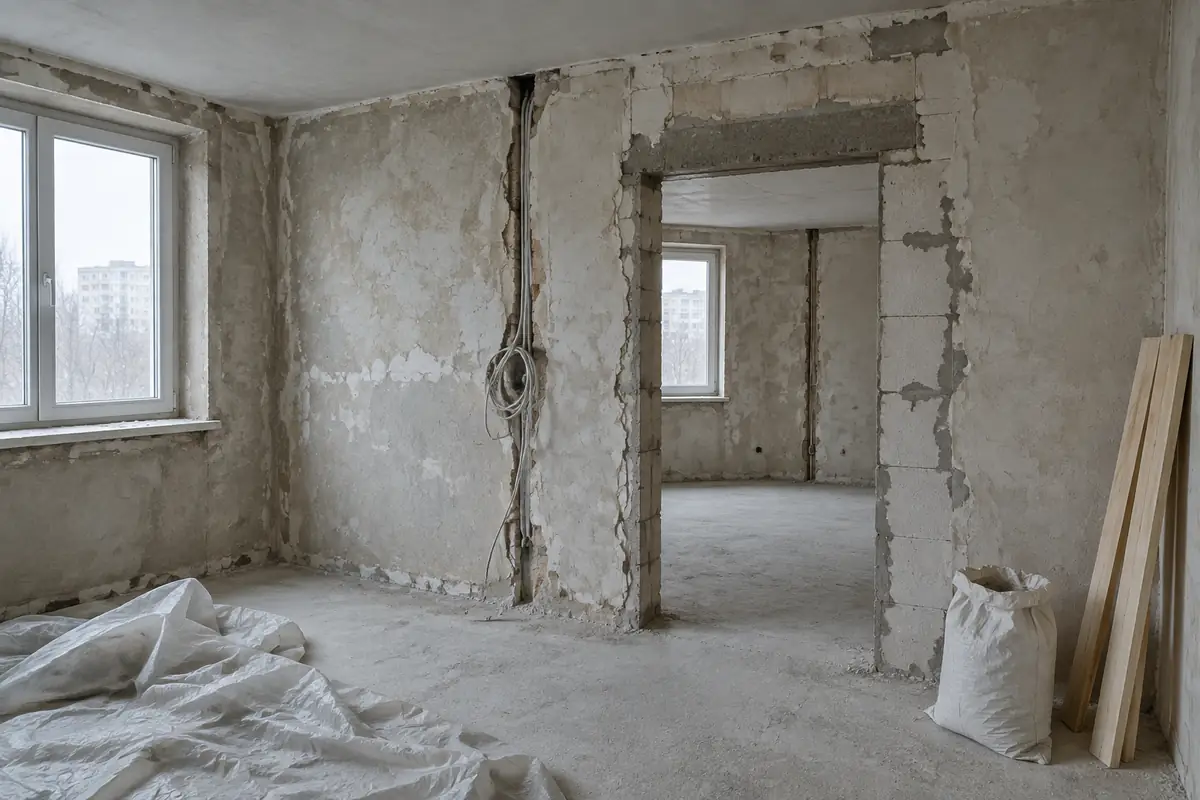 A flat stripped back to bare plaster and blockwork, with a new opening cut through an internal wall and cable left hanging from a chase.